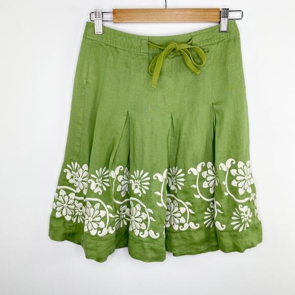 Ann Taylor Green White Floral Embroidered Linen Skirt Women's Size 0 Petite 0P - Picture 1 of 9